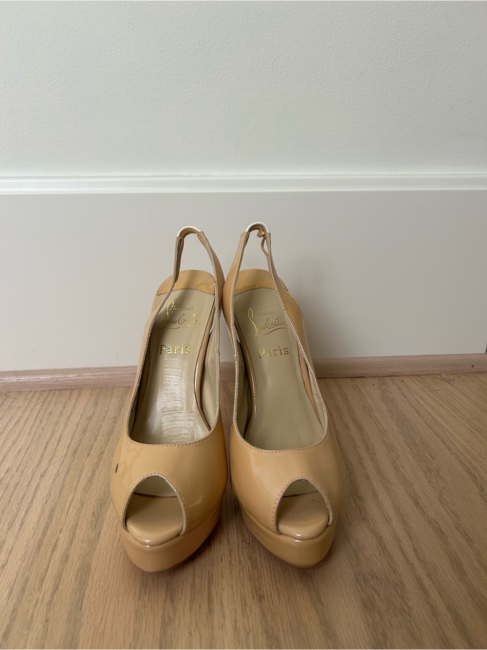 Christian Louboutin Nude Patent Peep-Toe Slingback Platform Pumps